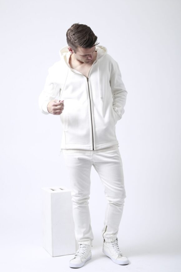 Racer-Sleeve Zip Hoodie – Ecru - Image 3